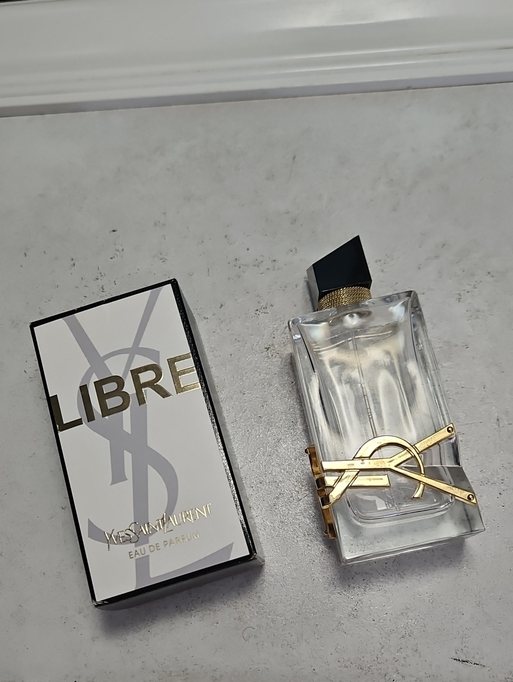 EMPTY Yves Saint Laurent Libre Perfume Bottle Clear Glass with Gold Accent & box